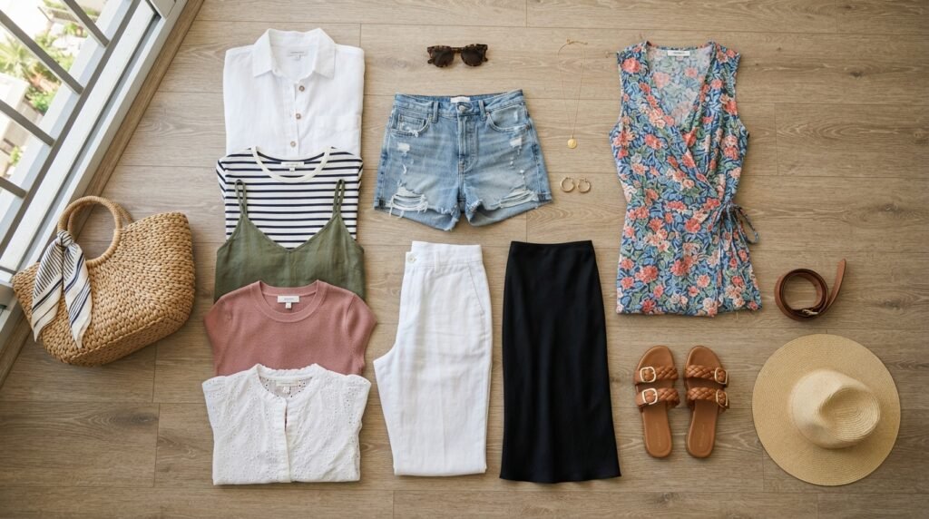 flat-lay of a mom vacation capsule wardrobe